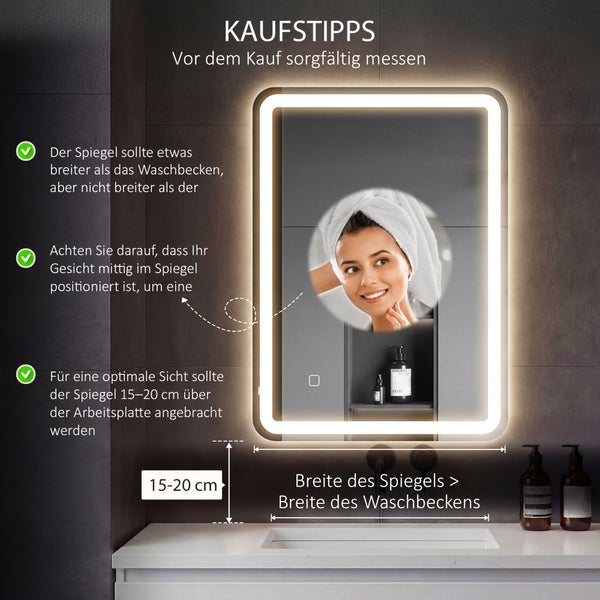 HOMCOM Badspiegel mit Beleuchtung 90x70 cm LED Spiegel Wandspiegel mit Memory-Funktion 3 Lichtfarben Beschlagfrei Lichtspiegel mit Touchschalter Silber