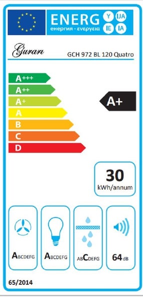 Europäisches Energielabel für Gurari GCH 972 BL 120 Quatro, Energieeffizienzklasse A plus, 30 Kilowattstunden pro Jahr, 64 Dezibel.