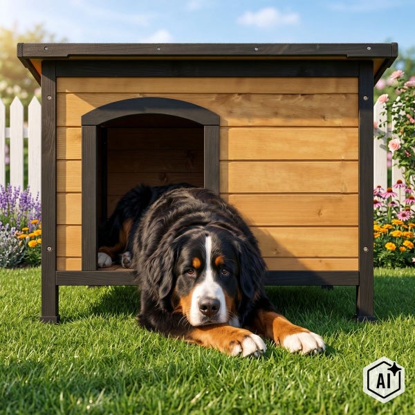 Hundehütte aus Holz mit flachem Dach für den Garten, vor der ein Berner Sennenhund auf dem Rasen liegt.