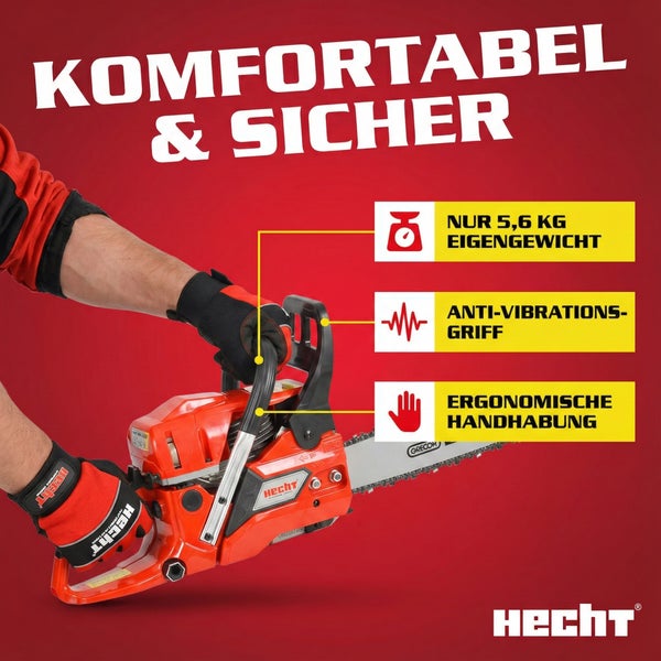 Eine Person hält eine Hecht Motorsäge mit Produktinformationen über Gewicht, Anti-Vibrations-Griff und ergonomische Handhabung.