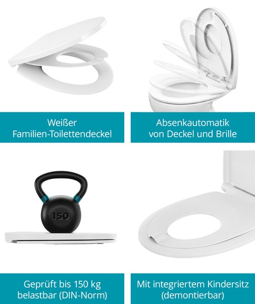 Familien Toilettendeckel mit Absenkautomatik und integriertem Kindersitz, belastbar bis 150 Kilogramm gemäß DIN Norm.