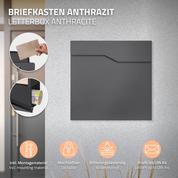 Anthrazitfarbener Briefkasten mit Montagezubehör, abschließbar und wetterfest, für Briefe bis DIN A4