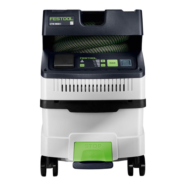 Festool Absaugmobil CTM MIDI I mit Bedienfeld, Schlauchdepot und Feststellbremse.
