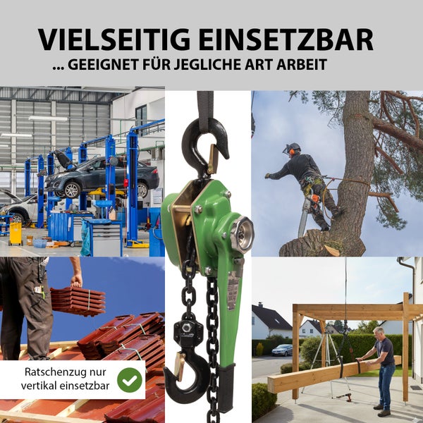 Ein Hebelzug mit Kette und Haken in verschiedenen Anwendungsszenarien wie Kfz-Werkstatt, Baumpflege, Dachdeckung und Montage im Außenbereich.