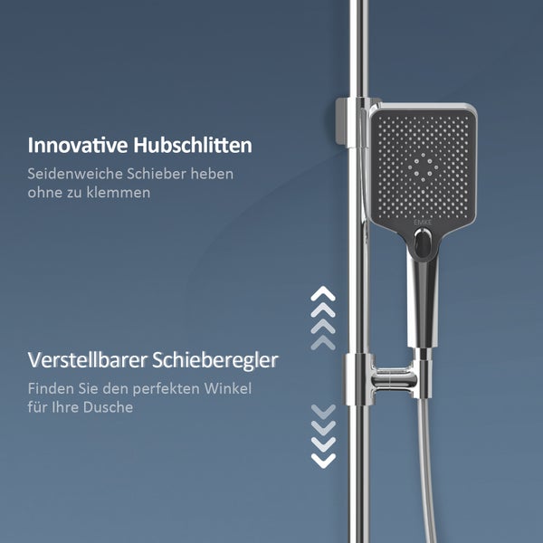 Verstellbarer Gleiter an einer Duschstange aus Chrom mit einer quadratischen Handbrause von EMKE.