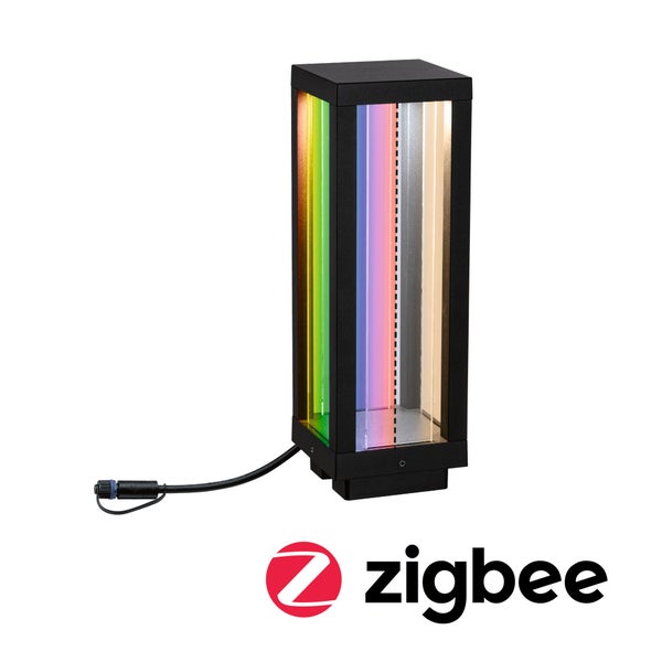 Zigbee Logo neben einer bunten Gartenleuchte