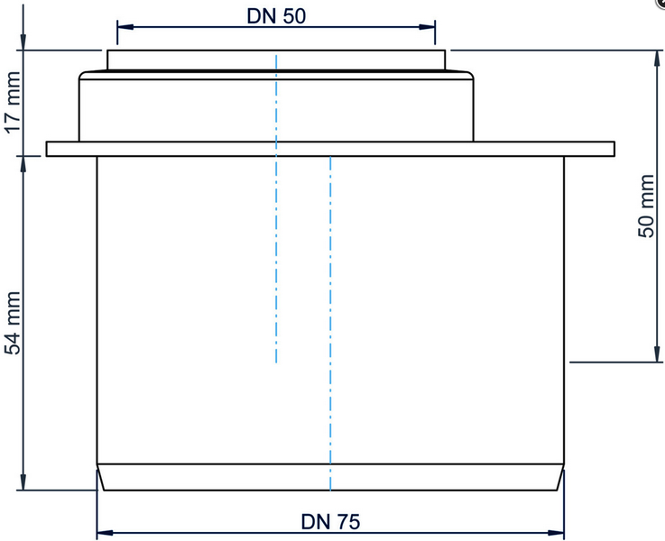Technische Zeichnung eines Übergangsstücks von DN 75 auf DN 50 mit Maßangaben 17 Millimeter, 50 Millimeter und 54 Millimeter.