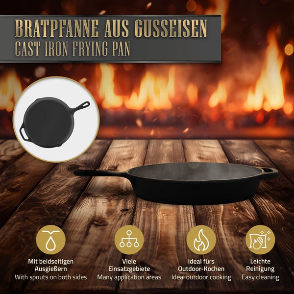 BBQ#BOSS Bratpfanne aus Gusseisen Ø31 cm, Gusseisenpfanne mit Doppelgriff & Ausgießer, Eisenpfanne rund, Antihaftbeschichtung, Feuerpfanne Gusspfanne Grillpfanne Steakpfanne für Backofen, Herd & Grill