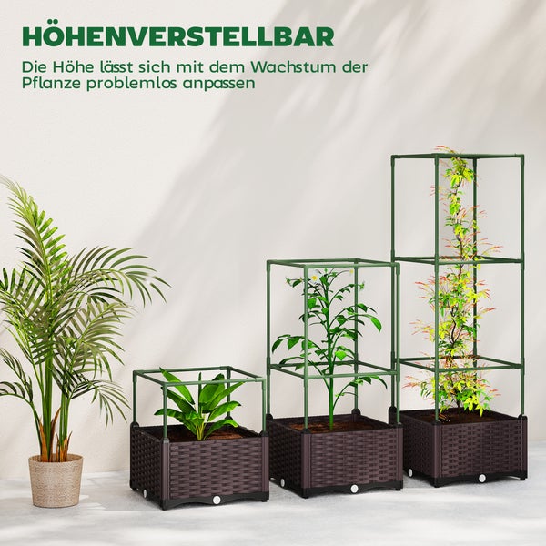 Höhenverstellbares Hochbeet mit Rankhilfe in Flechtoptik, drei Stufen zur Anpassung an das Pflanzenwachstum.
