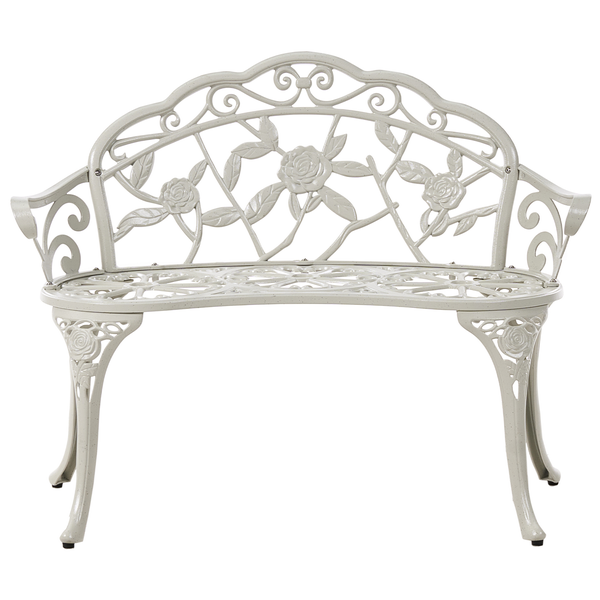 Gartenbank aus Metall mit Rosenmuster