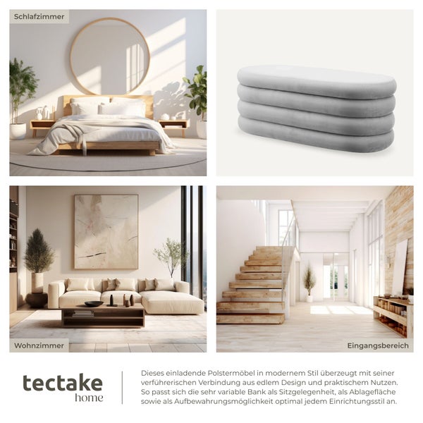 Moderne gepolsterte Sitzbank in Grau mit gestapeltem Design, gezeigt in Schlafzimmer, Wohnzimmer und Flur von tectake home.