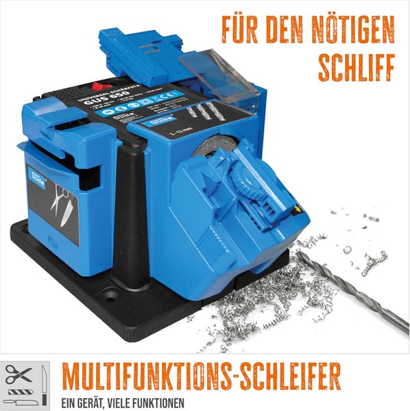 Guede Multifunktionsschleifer GUS 650 zum Schleifen von Messern, Scheren und Bohrern mit Metallspänen auf dem Untergrund.
