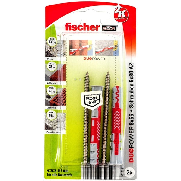 fischer DUOPOWER 8 mal 65 Millimeter mit Edelstahlschrauben 5 mal 80 Millimeter A2, zwei Stück, für Beton, Vollstein, Lochstein und Porenbeton.