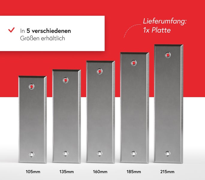 Metallplatten in fünf verschiedenen Größen, jeweils mit Bohrungen