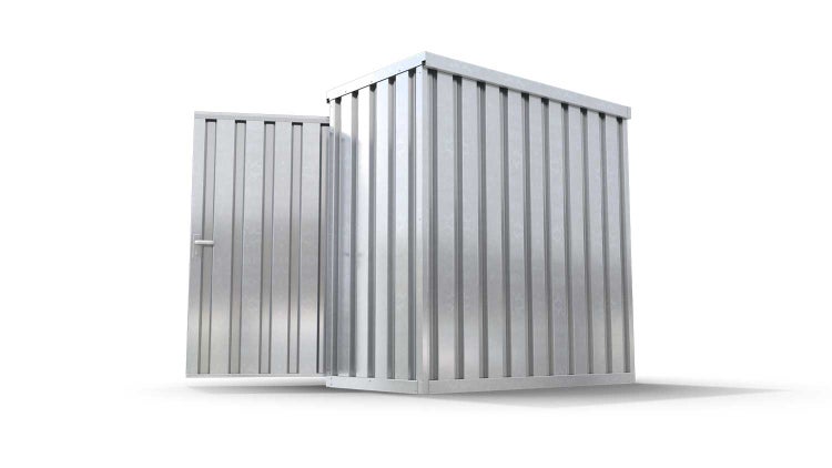 Lagercontainer Gerätehaus XS  – 2 qm, H2115 x B2100 x T1140 mm, verzinkt, ohne Fußboden, 1270 mm Einflügeltür mittig in Breitseite, zerlegt