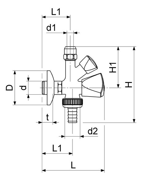 Maßzeichnung eines Kombi-Eckventils mit technischen Abmessungen für Anschlüsse und Baumaße.