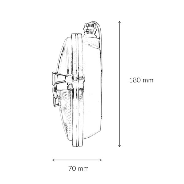 Abbildung einer Leuchte mit den Maßen 180 mm Höhe und 70 mm Tiefe.