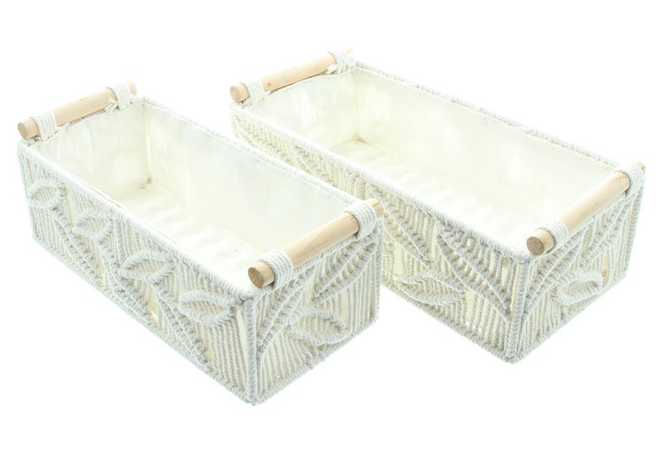 FRANK FLECHTWAREN | Textilkorb Blattstruktur, 2er Set, METALL, HOLZ, BAUMWOLLE, TEXTIL, 30 x 14 x 12 cm, 34 x 17 x 12 cm