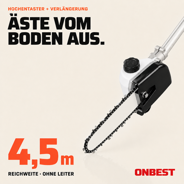 ONBEST Hochentaster mit Verlängerung zum Sägen von Ästen vom Boden aus, Reichweite 4,5 Meter ohne Leiter. ONBEST Logo.