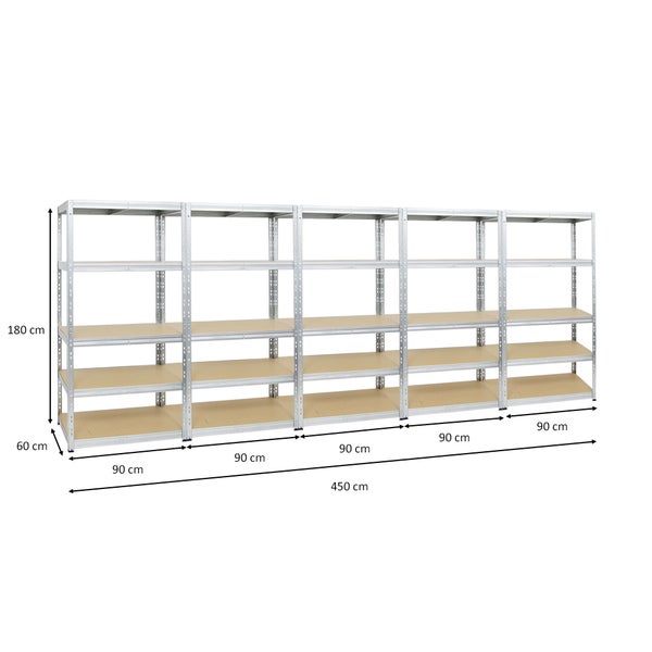 PROREGAL Mega Deal 5x Schwerlastregal Tiger HxBxT 180 x 90 x 60 cm Fachlast 265 kg 5-Ebenen Verzinkt