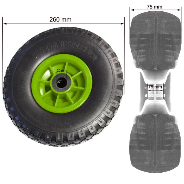 Schwarzes Schubkarrenrad mit grüner Felge, Durchmesser 260 mm und 20 mm Achsbohrung