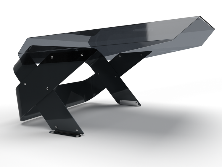 Dunkelgrauer Design Tisch mit Glasplatte und Metallgestell