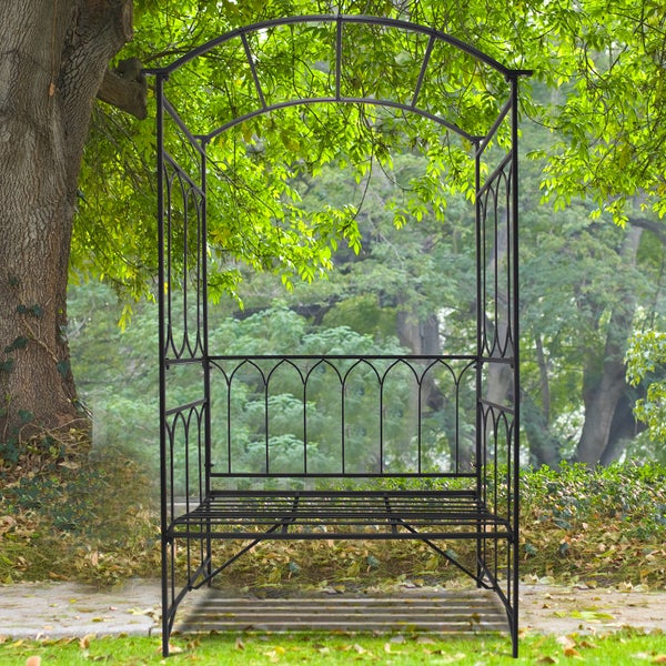 Outsunny Rosenbogen mit Bank, Gartenbank, 115 x 50 x 203 cm, Metall, Schwarz