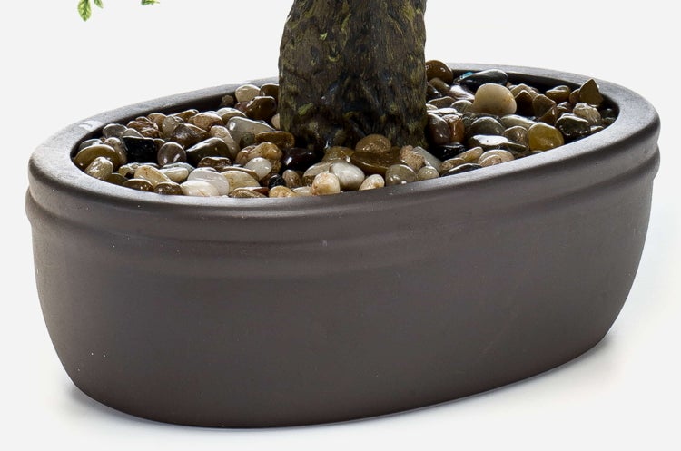 Nahaufnahme eines Bonsais in einem ovalen Keramiktopf mit Zierkies am Stamm.