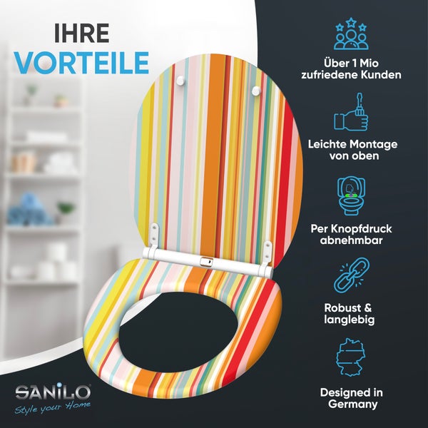Sanilo WC-Sitz mit Streifenmuster, Montage von oben, per Knopfdruck abnehmbar, robust und langlebig, entworfen in Deutschland. Sanilo Logo.
