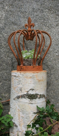 Dekorative Metallkrone in Edelrost Optik auf einem Birkenstamm platziert als Garten Dekoration