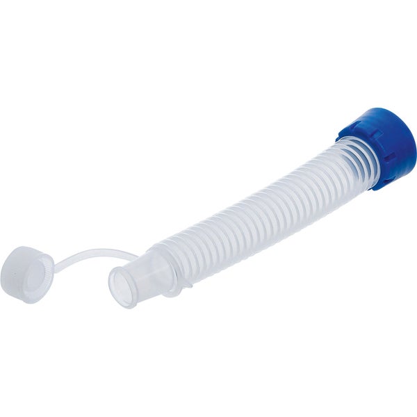 Flexibler Auslaufstutzen für Kanister aus Kunststoff mit blauem Verschluss und kleiner Schutzkappe.