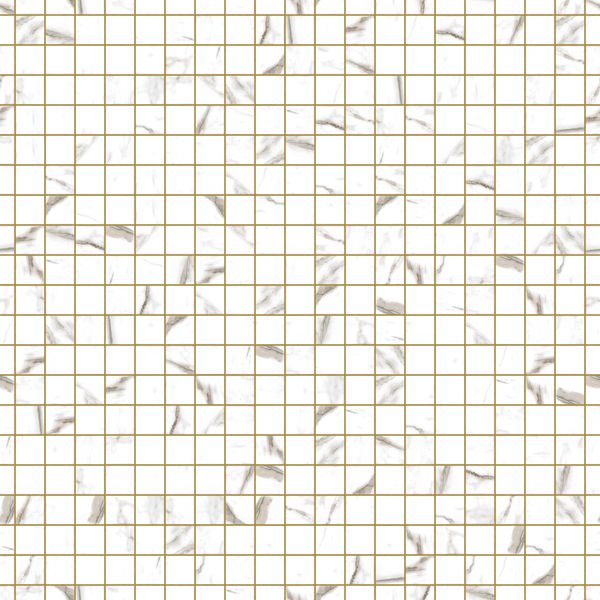 Quadratische Mosaikfliesen in Marmoroptik mit goldfarbenen Linien.