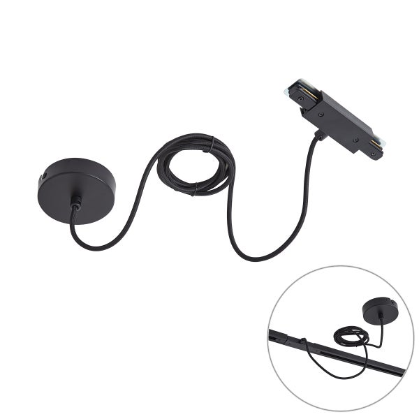 Schwarze Stromeinspeisung für Schienensysteme mit runder Deckenrosette, Textilkabel und Schienenadapter.
