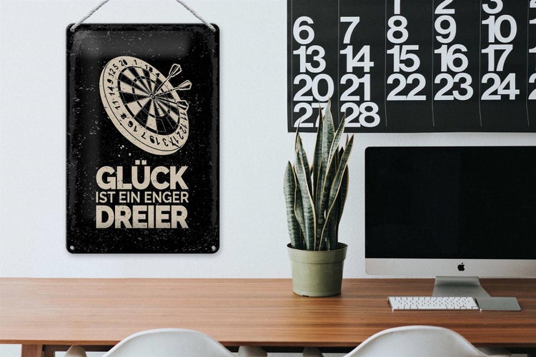 Blechschild Spruch Dart Glück ist ein enger Dreier 20x30cm
