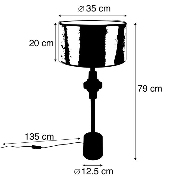 Technische Zeichnung einer Stehleuchte mit den Maßen: Durchmesser Lampenschirm 35 cm, Höhe Lampenschirm 20 cm, Gesamthöhe 79 cm, Durchmesser Fuß 12,5 cm, Kabellänge 135 cm.