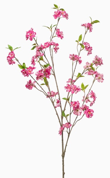 Künstlicher Kirschblütenzweig mit rosa Blüten und grünen Blättern.