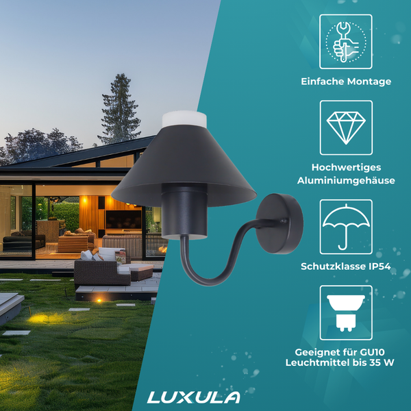 Schwarze Außenwandleuchte aus Aluminium mit kegelförmigem Schirm, LUXULA Logo, Symbole für einfache Montage, Schutzklasse IP54 und GU10 Fassung.