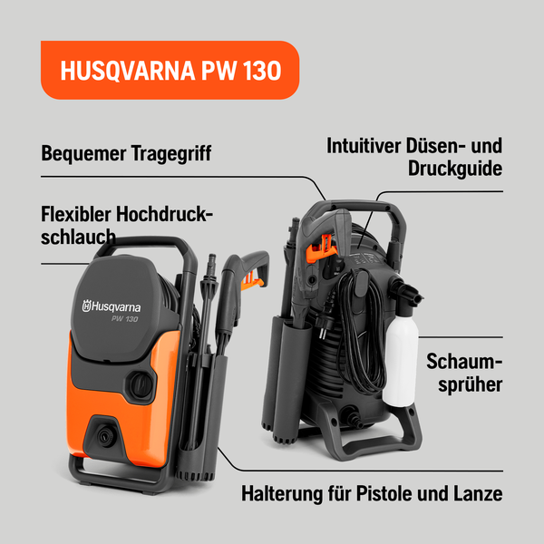 Husqvarna PW 130 Hochdruckreiniger mit Tragegriff, flexiblem Hochdruckschlauch, Düsen- und Druckguide, Schaumsprüher und Halterung für Pistole und Lanze