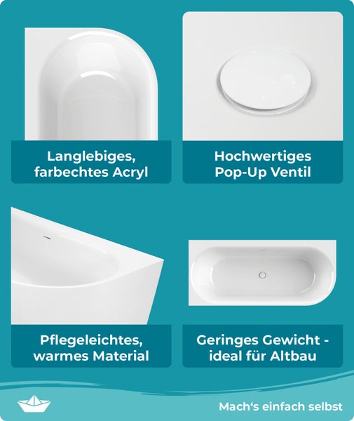Calmwaters® Vorwand-Badewanne 180x80 cm Komplettset Seamless Comfort, fugenloses Design, vormontiert mit Schürze & Ablaufgarnitur, rechte Ausführung, Made in EU, Acryl, 02SL6222