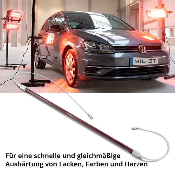 Infrarotstrahler mit Heizlampe zur Aushärtung von Lacken neben einem Auto