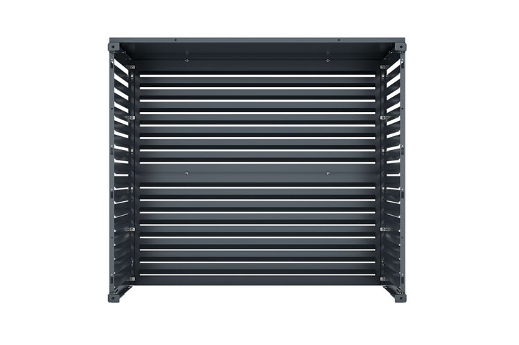 Kaminholzregal oder Mülltonnenbox aus Metall mit horizontalen Lamellen in Anthrazit.