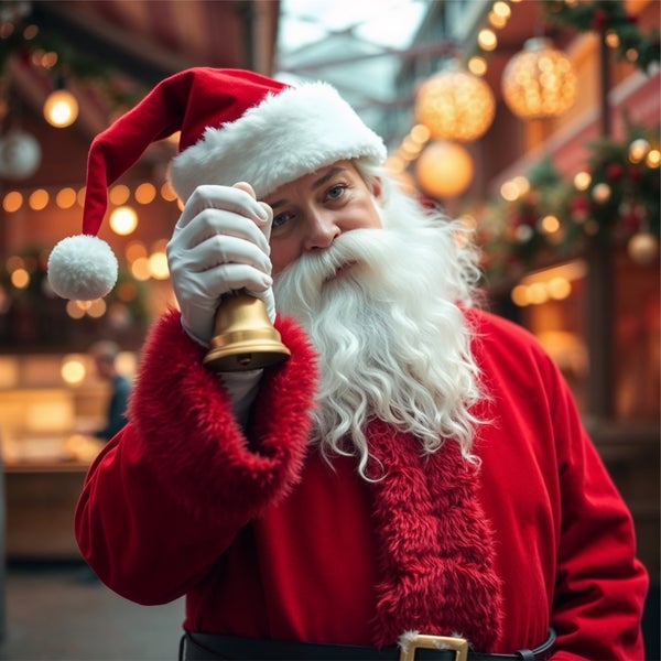 Weihnachtsmann mit goldener Glocke im festlichen Ambiente