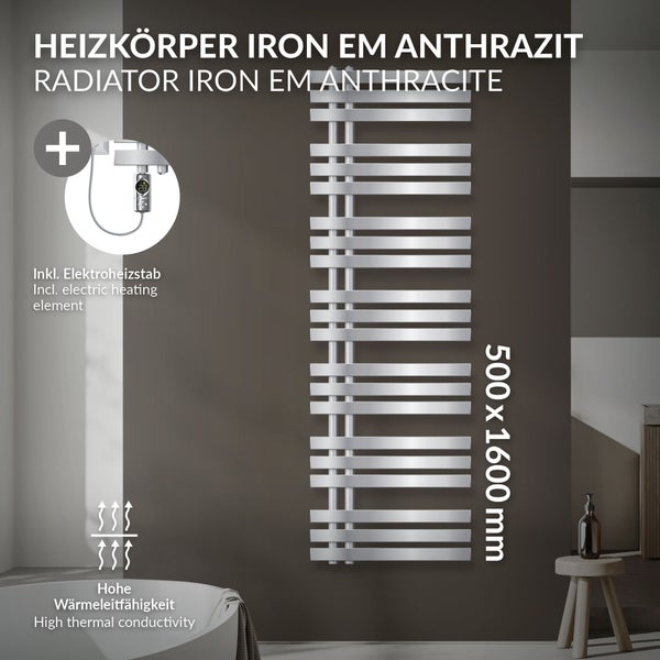 LuxeBath Elektrischer Badheizkörper Iron EM 500x1600 mm Chrom mit Heizstab 1200W Thermostat Digitalanzeige, Handtuchheizkörper mit Heizpatrone, Elektro Handtuchwärmer Paneelheizkörper Designheizkörper