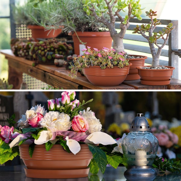 Collage: Top zeigt Blumenarrangements in Töpfen, unten ein Grabgesteck mit Kerze.