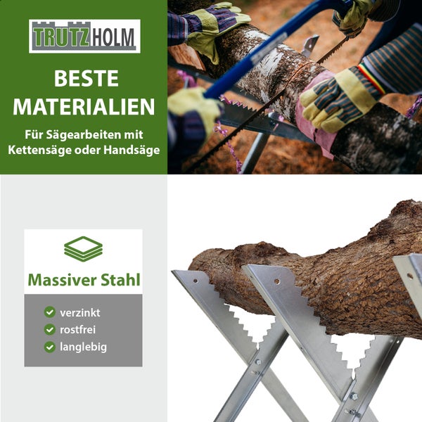 TrutzHolm Logo. Szene mit Holzsägearbeiten auf einem Sägebock aus massivem Stahl. Verzinkt, rostfrei und langlebig.