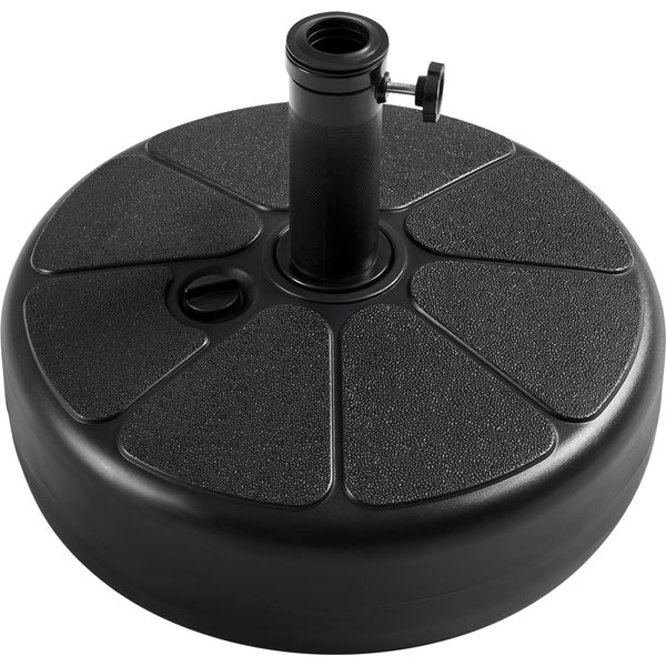 Runder, schwarzer Sonnenschirmständer aus Kunststoff mit strukturierter Oberfläche und Feststellschraube.