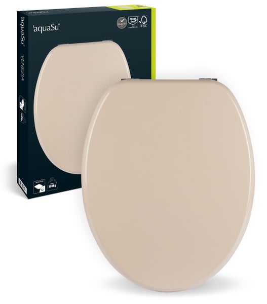 aquaSu® WC-Sitz Venezia in Bahama-Beige, mit robustem Holzkern, Schnellbefestigung Fast-Fix mit rostfreien Metallscharnieren, Toilettendeckel in ovaler Standard O Form universal, Beige, 218917