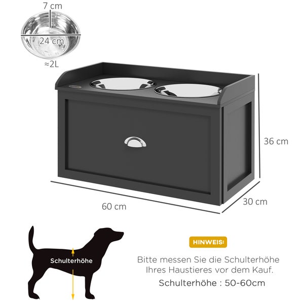 Dunkelgraue Futterstation für Hunde mit zwei Edelstahlnäpfen und Stauraum. 60 mal 30 mal 36 Zentimeter. Für Schulterhöhe 50 bis 60 Zentimeter.