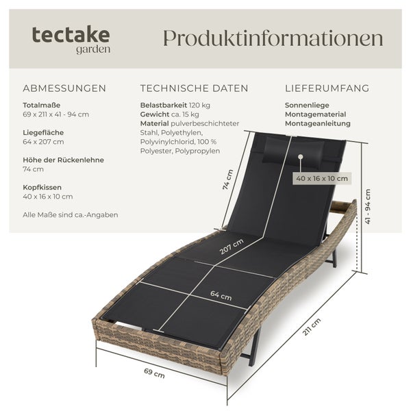 Rattan Sonnenliege tectake Moana 69 x 211 x 41 - 94 cm widerstandsfähig und UV-beständig natur