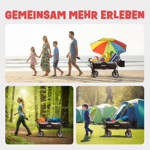 Faltbarer Bollerwagen ONBEST im Einsatz am Strand, im Wald und auf dem Campingplatz. Ideal für Familienausflüge und Outdoor-Aktivitäten.
